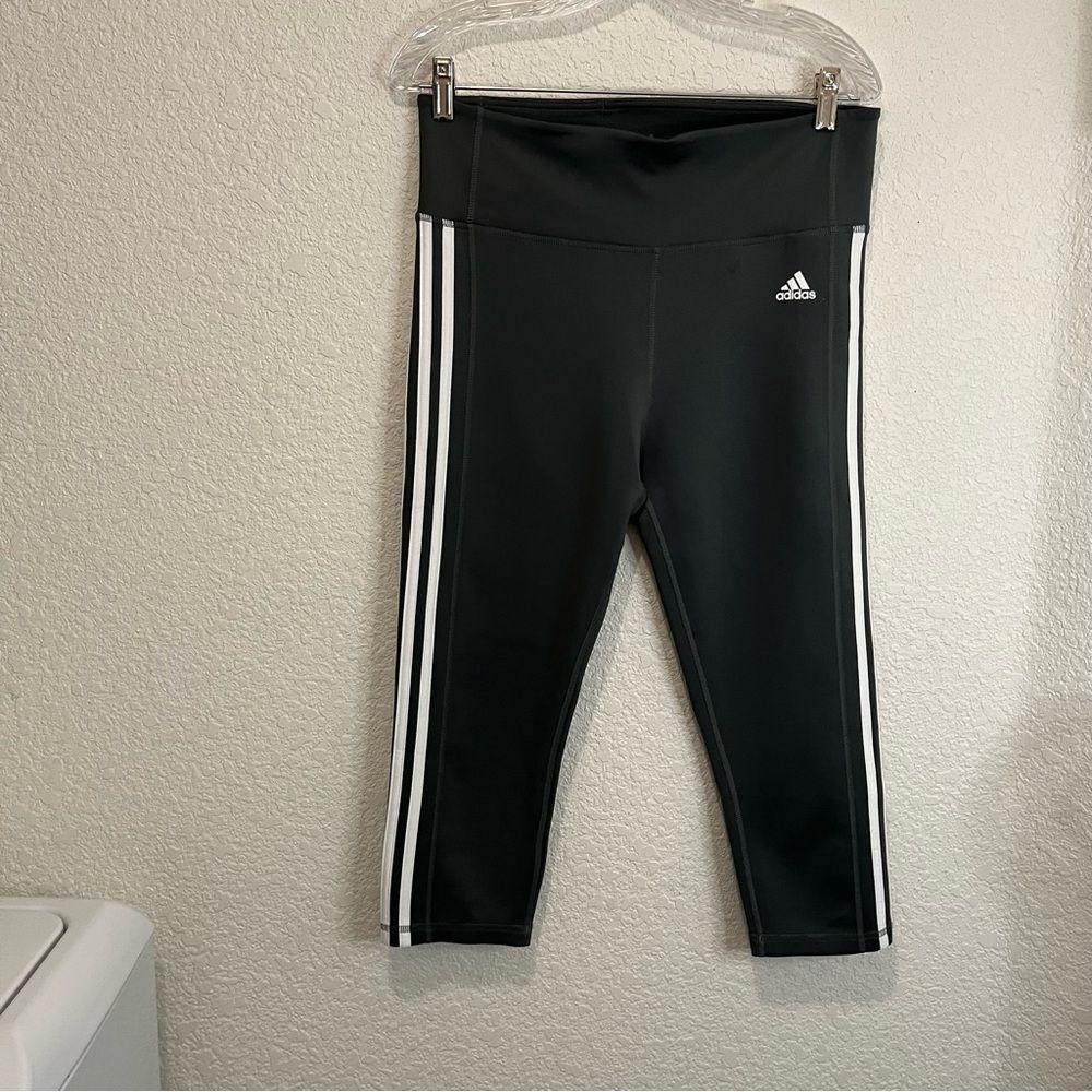 Adidas Climalite Womens Size L Gray White Crop 3 Stripe Pull on Leggings Workout - Picture 11 of 11